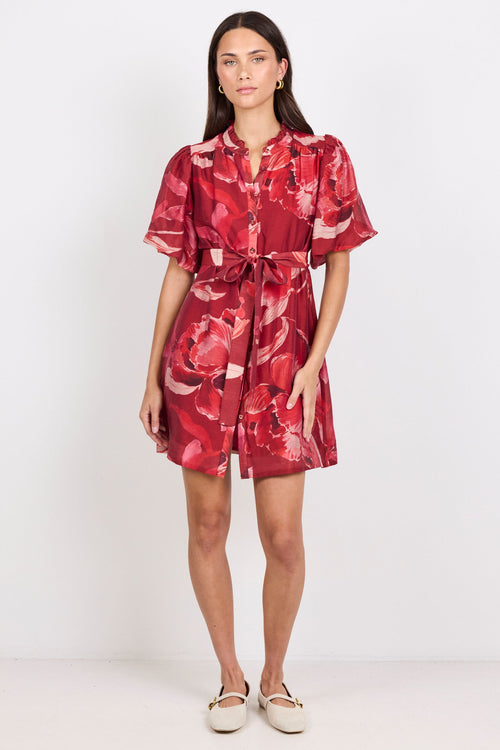 Delphi Large Red Peony Belted Mini Dress, studio shot