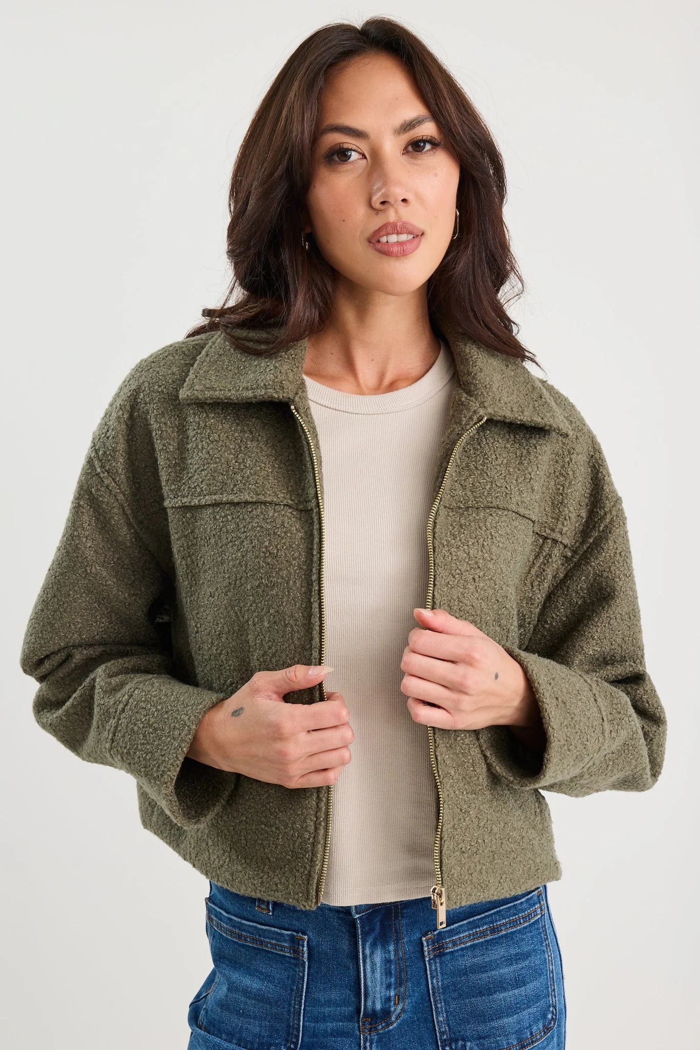 Dune Boucle Zip Front Jacket - Khaki