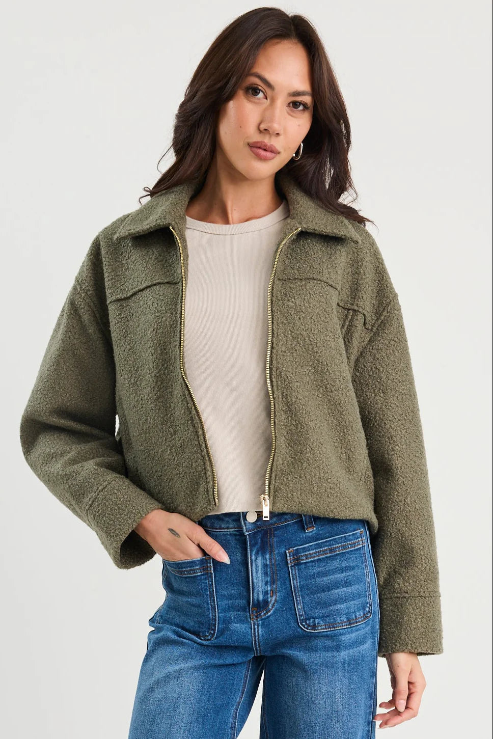Dune Boucle Zip Front Jacket - Khaki