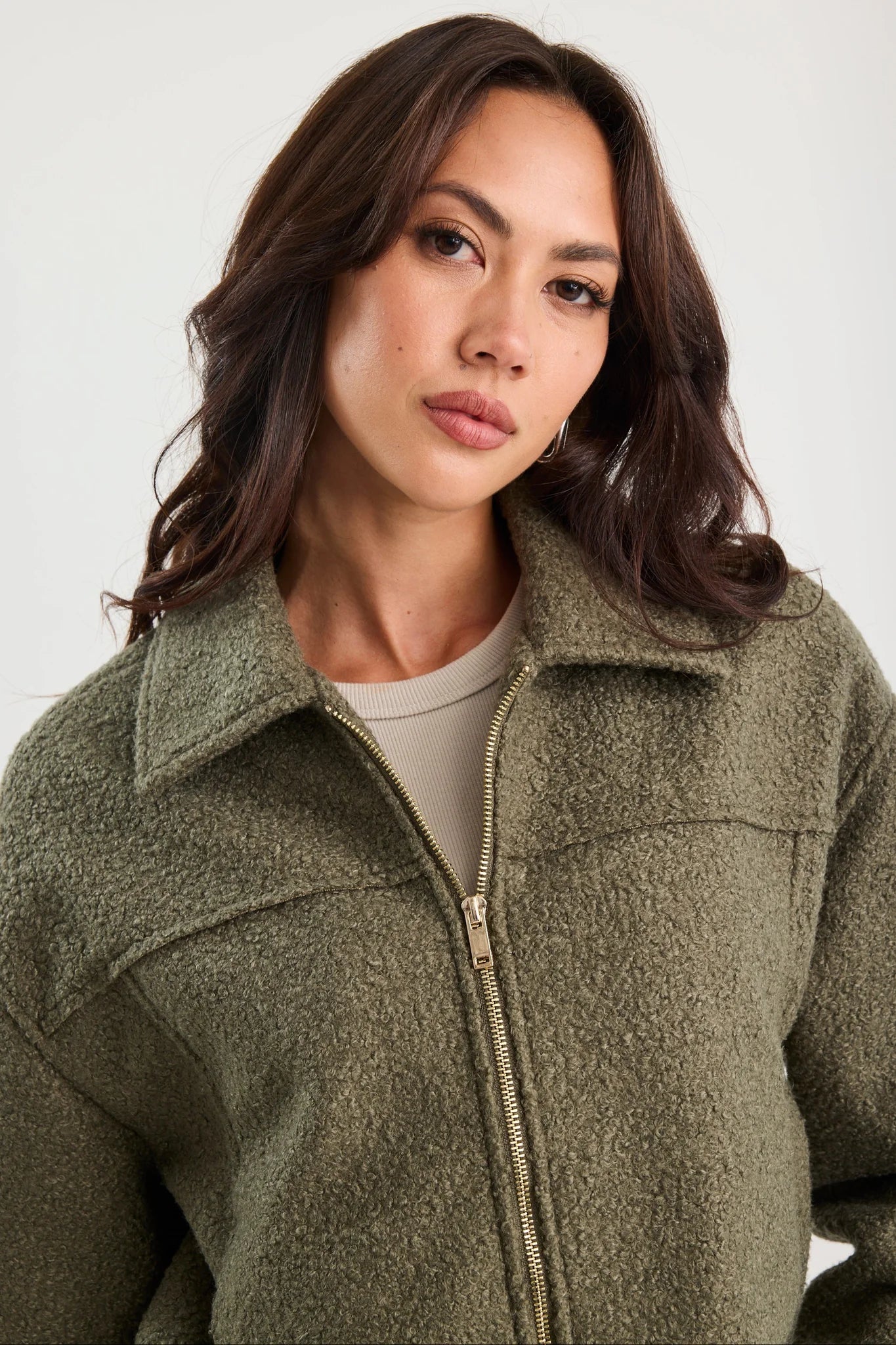 Dune Boucle Zip Front Jacket - Khaki