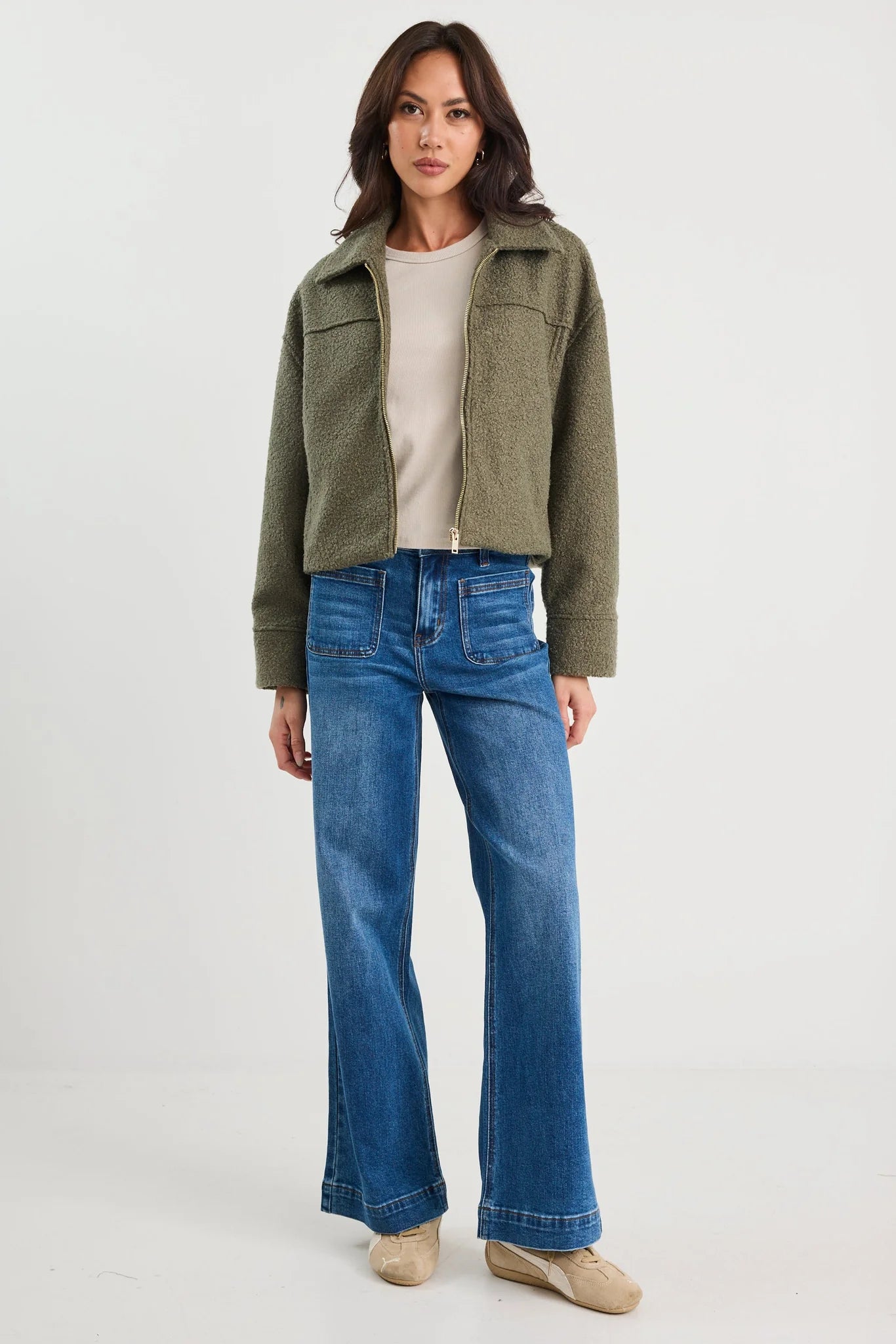 Dune Boucle Zip Front Jacket - Khaki