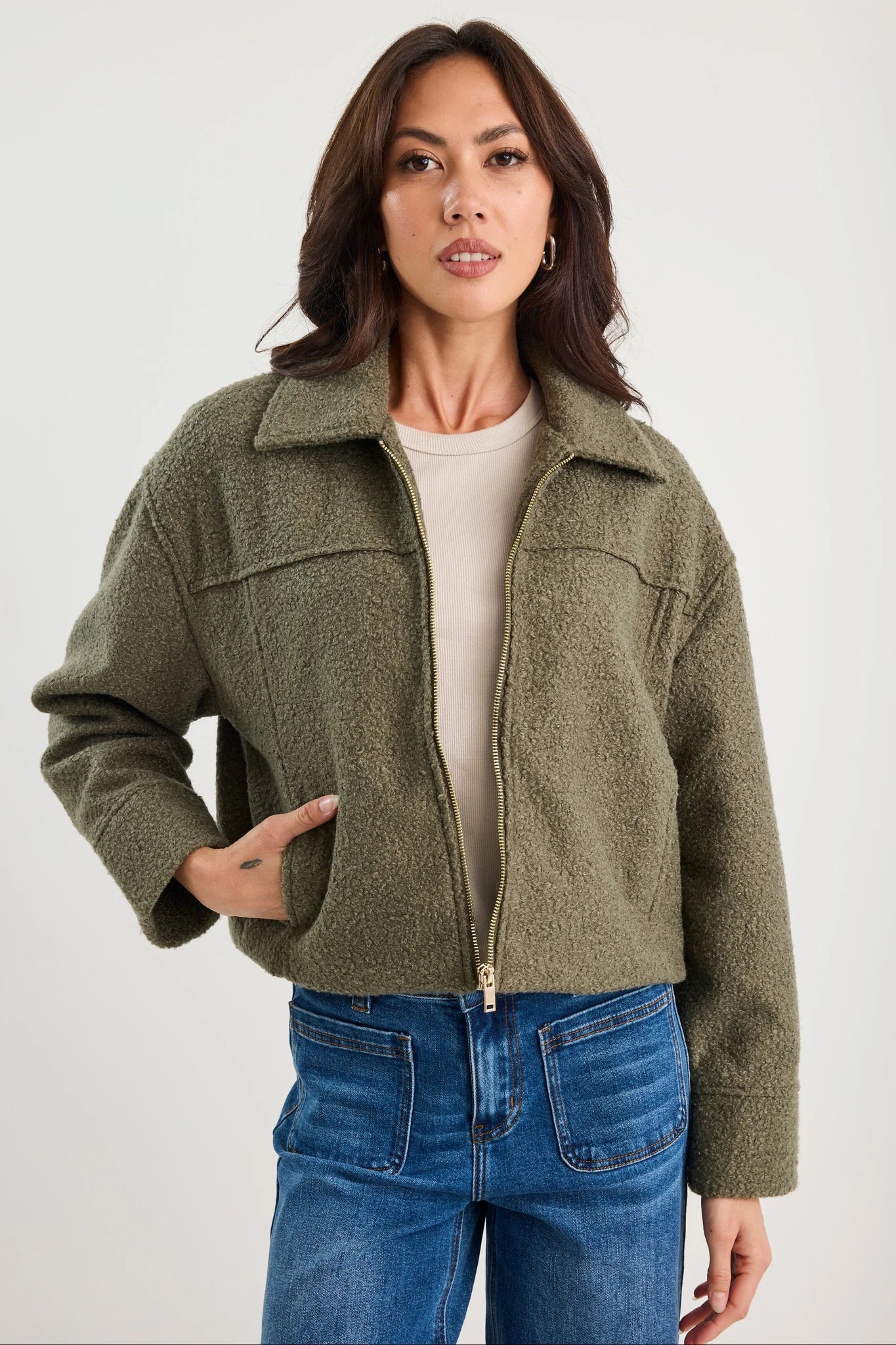 Dune Boucle Zip Front Jacket - Khaki