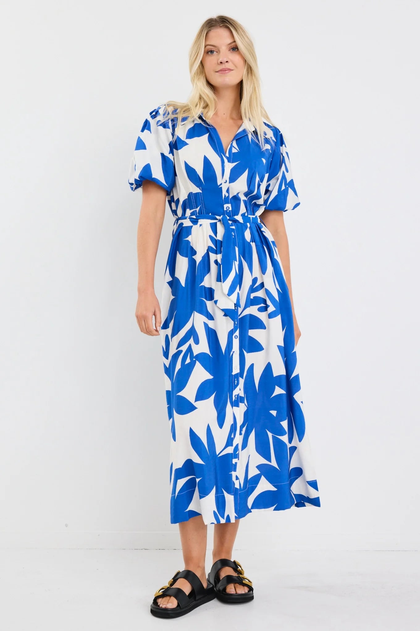 Dusk Bright Blye Abstract Puff Sleeve Maxi - Blue