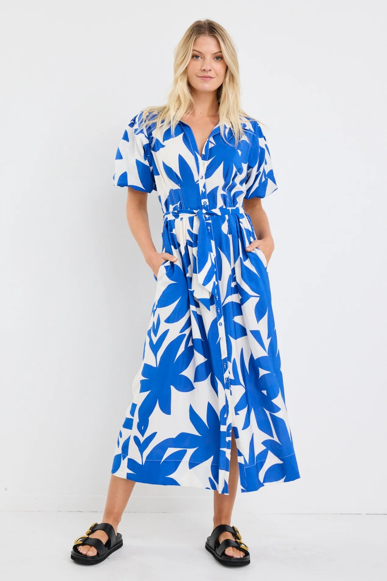 Dusk Bright Blye Abstract Puff Sleeve Maxi - Blue