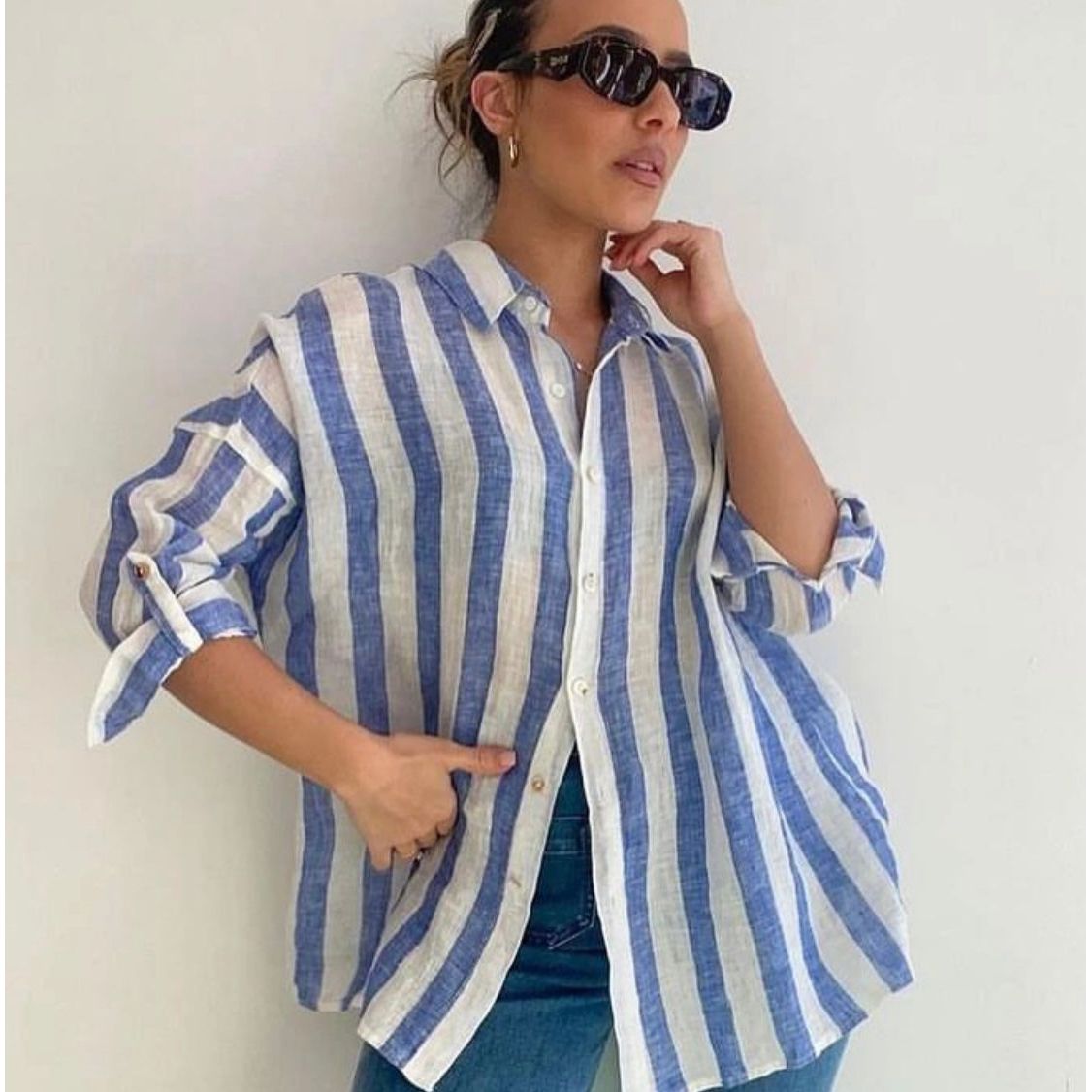 Aleena Stripe Linen Shirt - Blue/White