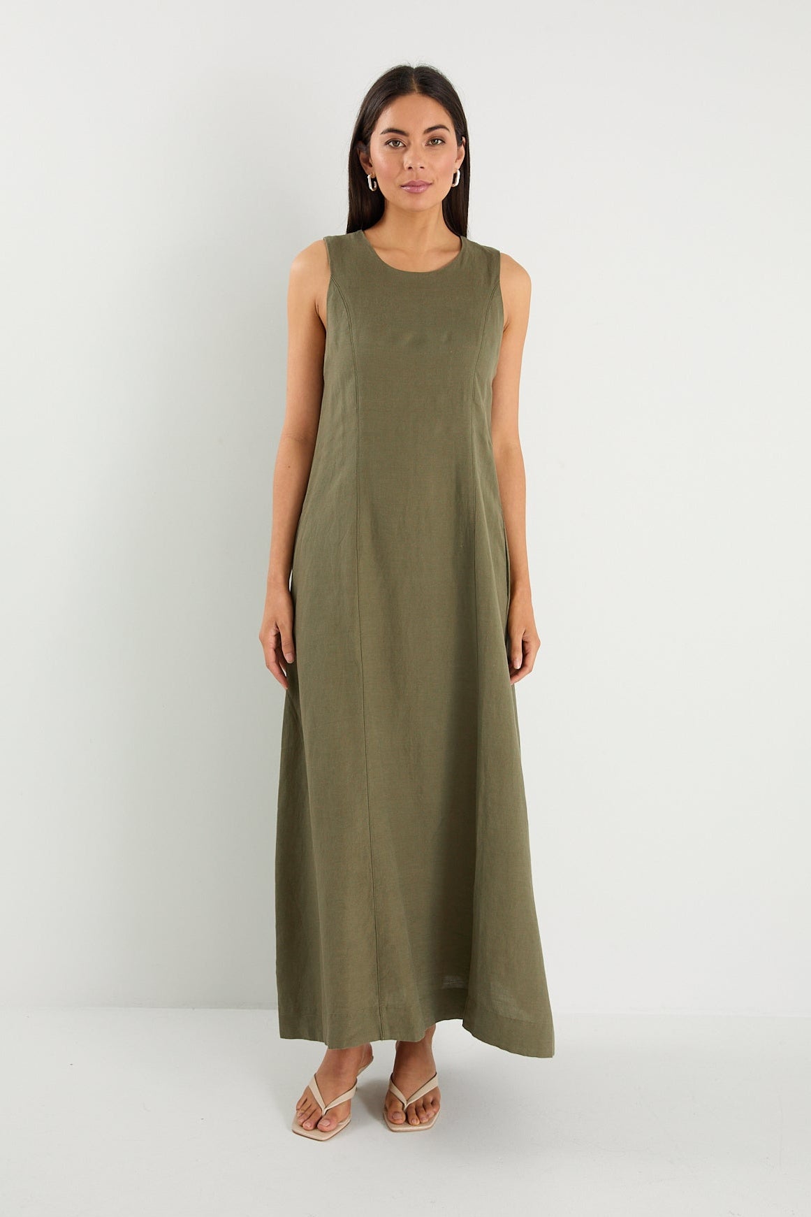 Easygoing Khaki Linen Blend Sleeveless Crew Neck Midi Dress