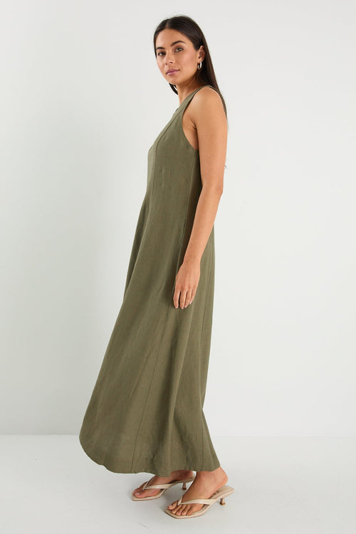 Easygoing Khaki Linen Blend Sleeveless Crew Neck Midi Dress