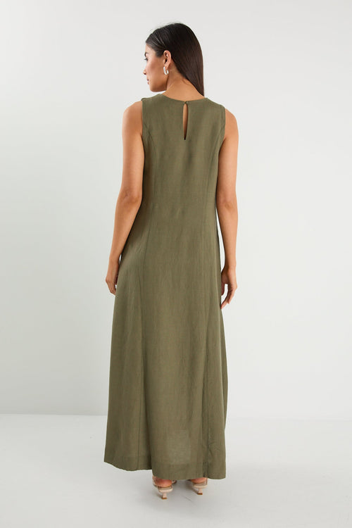 Easygoing Khaki Linen Blend Sleeveless Crew Neck Midi Dress