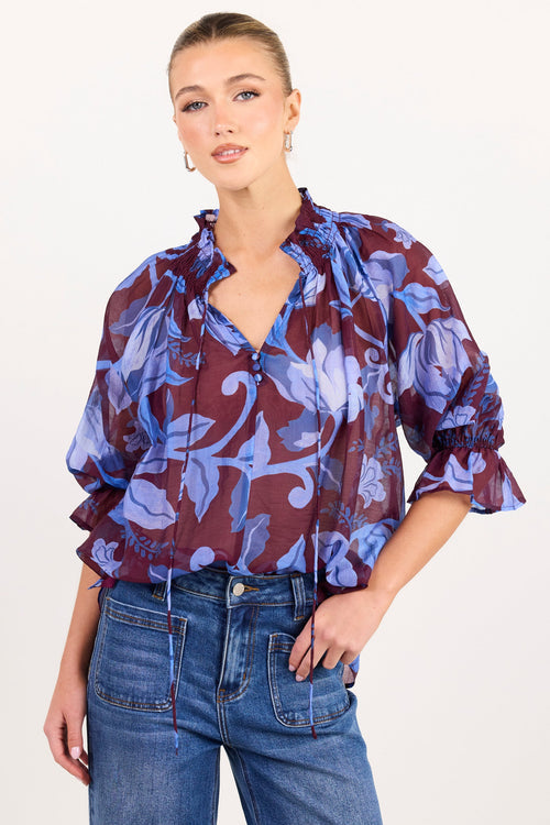 Expedition Burgundy Blue Floral Shirred Neck Top - studio front view