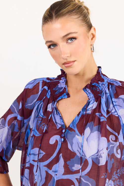 Expedition Burgundy Blue Floral Shirred Neck Top - shirred collar close-up