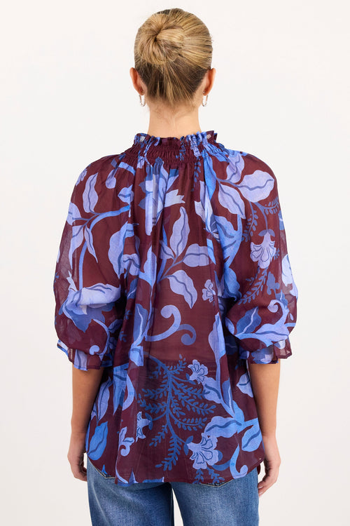 Expedition Burgundy Blue Floral Shirred Neck Top - back view