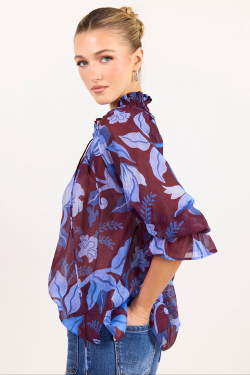 Expedition Burgundy Blue Floral Shirred Neck Top - V-neckline detail