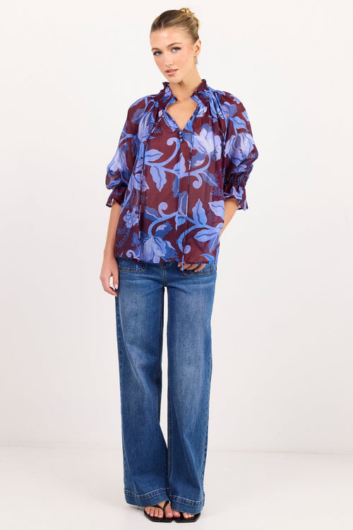 Expedition Burgundy Blue Floral Shirred Neck Top - puff sleeve detail