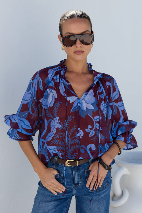 Expedition Burgundy Blue Floral Shirred Neck Top - women's V-neck puff sleeve blouse by Among the Brave