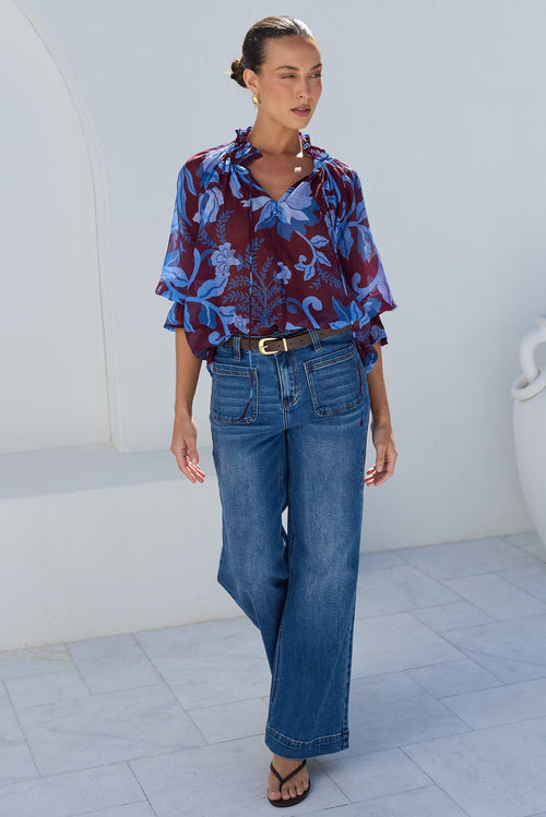Expedition Burgundy Blue Floral Shirred Neck Top - styled with denim, outdoor shot