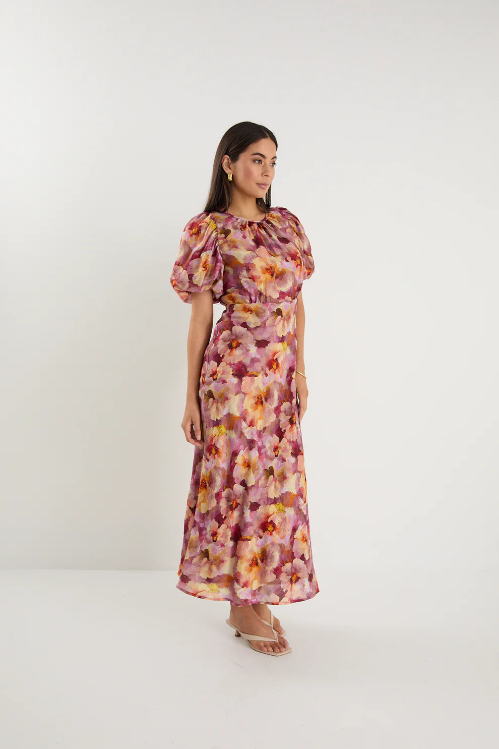 Exquisite Pink Multi Floral Puff Sleeve Midi Dress