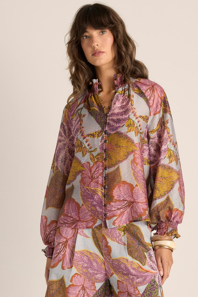 Fate & Becker Daria Shirred Blouse - Leaf Print, styled