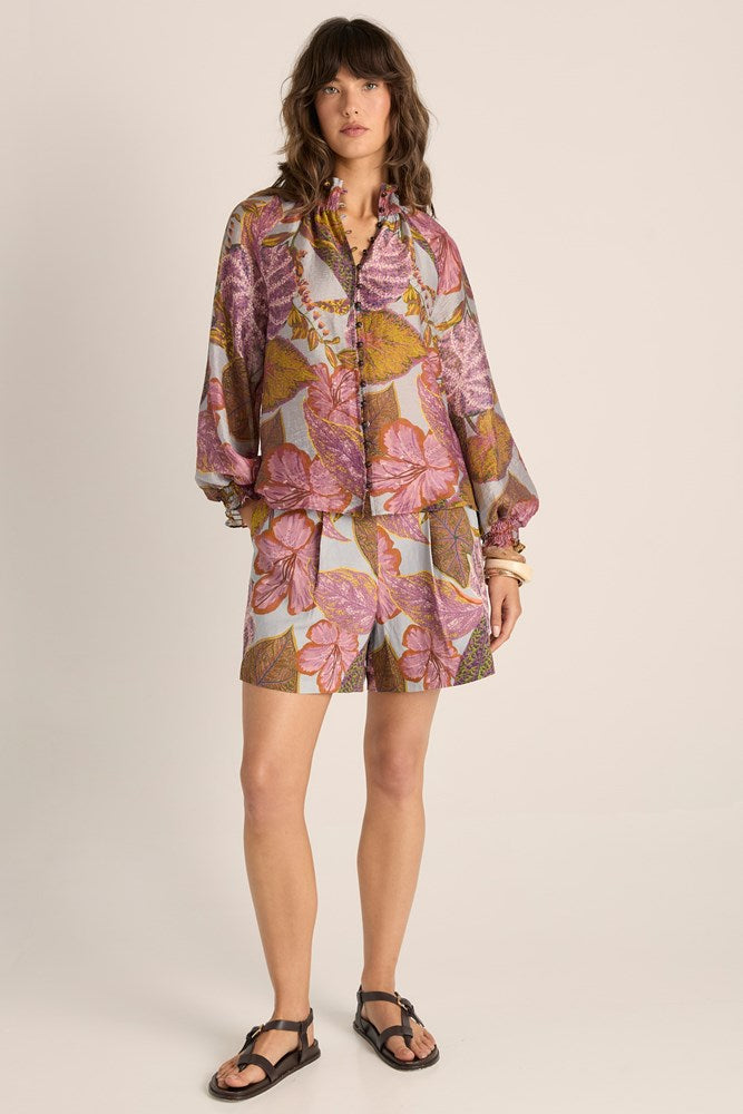 Fate & Becker Daria Shirred Blouse - Leaf Print, detail