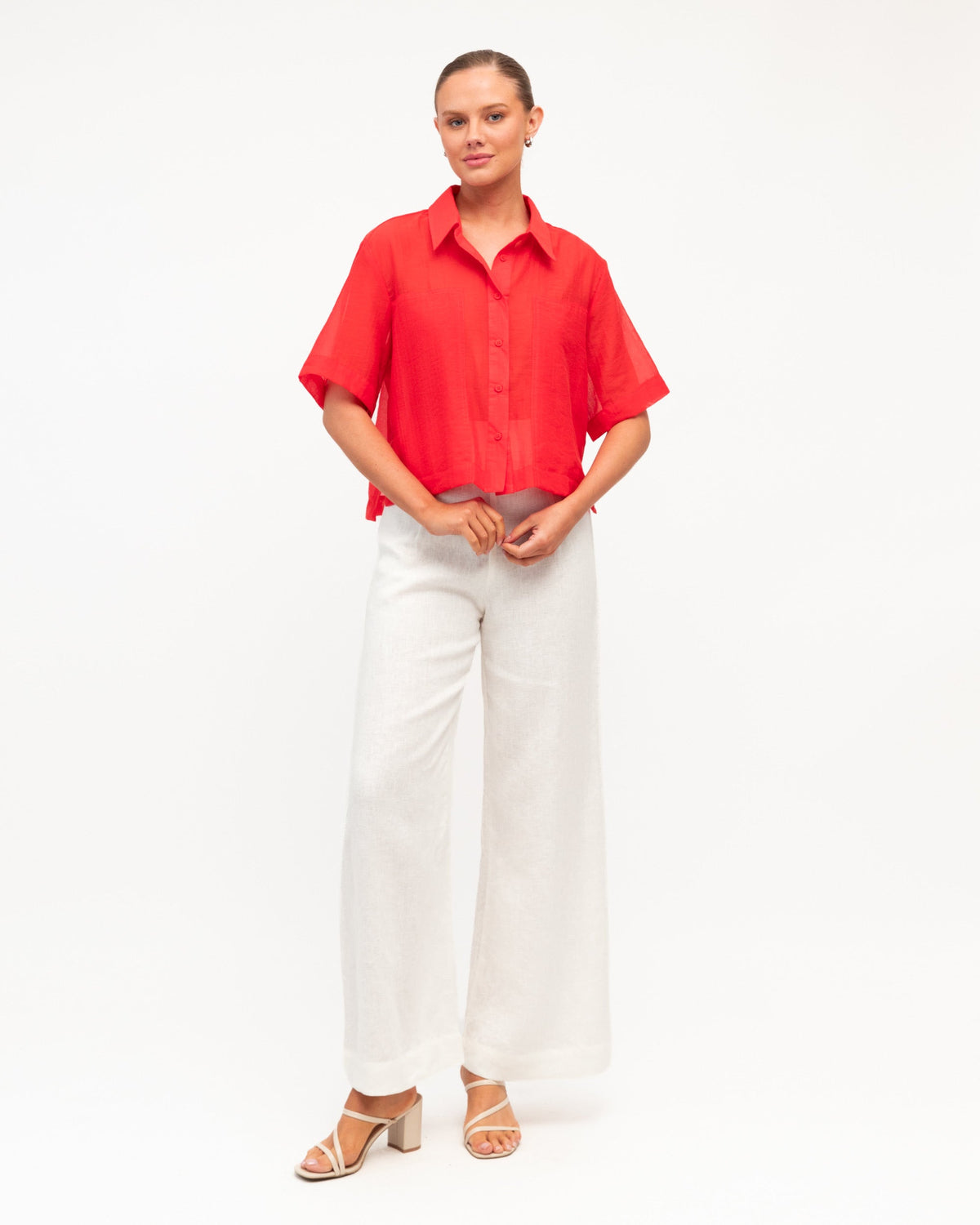 Patch Detail Shirt - Red, close-up of patch pockets