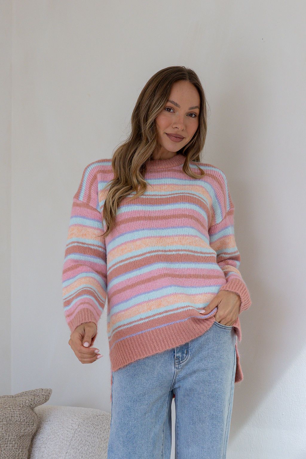 Miss Marlow June Sunset Fluffy Stripe Knit in Salmon/Pink/Tan, back view