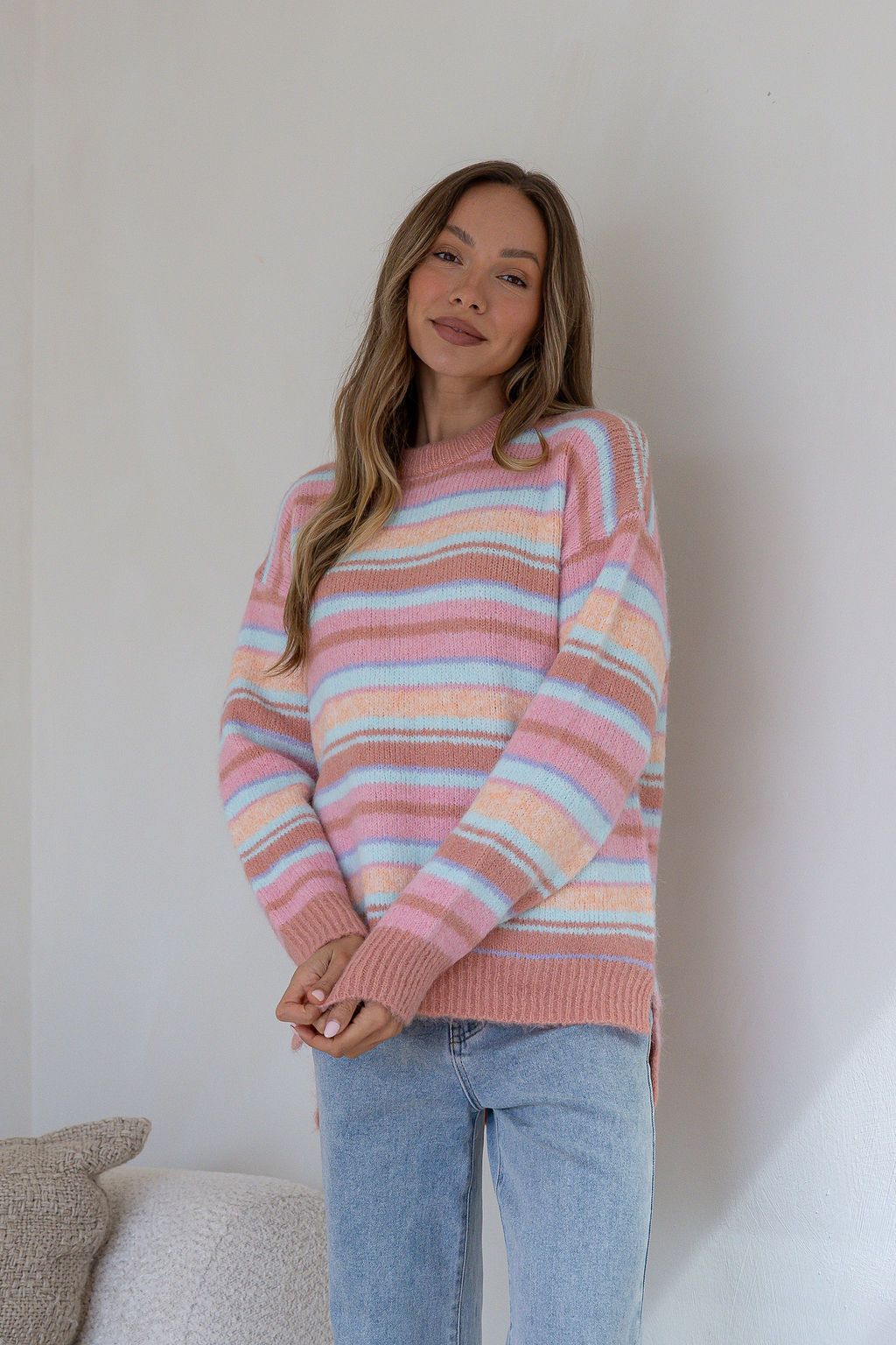 Miss Marlow June Sunset Fluffy Stripe Knit in Salmon/Pink/Tan, detail view