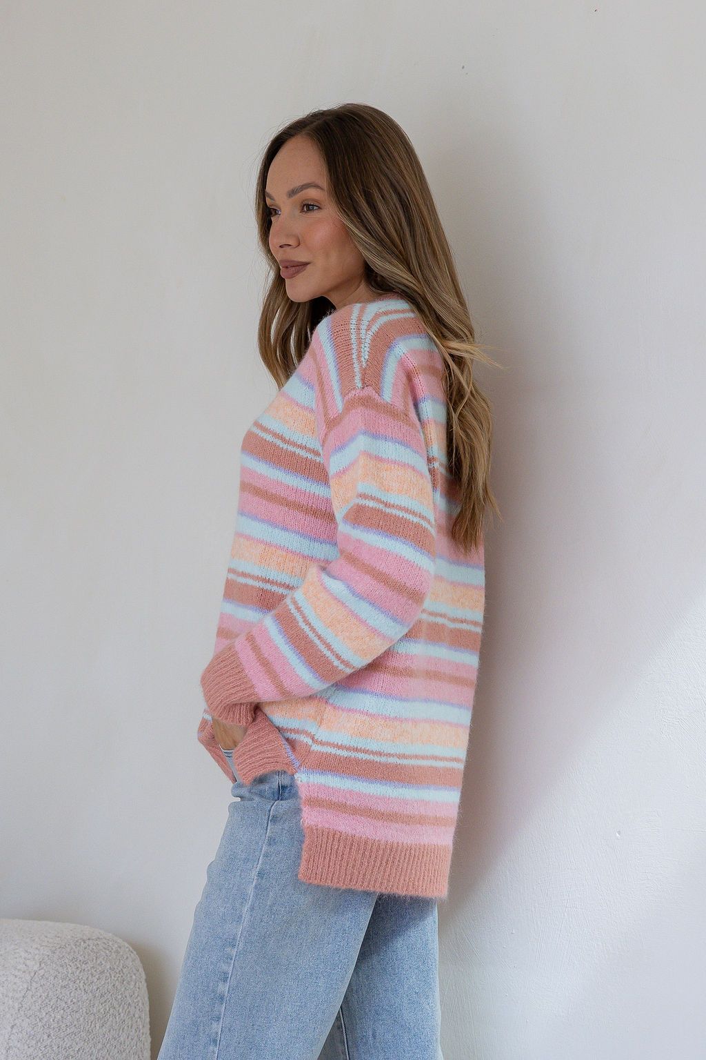 Miss Marlow June Sunset Fluffy Stripe Knit in Salmon/Pink/Tan, side view