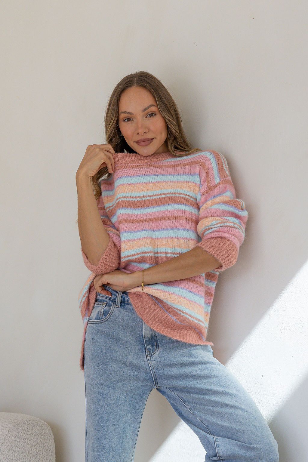 Miss Marlow June Sunset Fluffy Stripe Knit in Salmon/Pink/Tan, knit fabric close-up