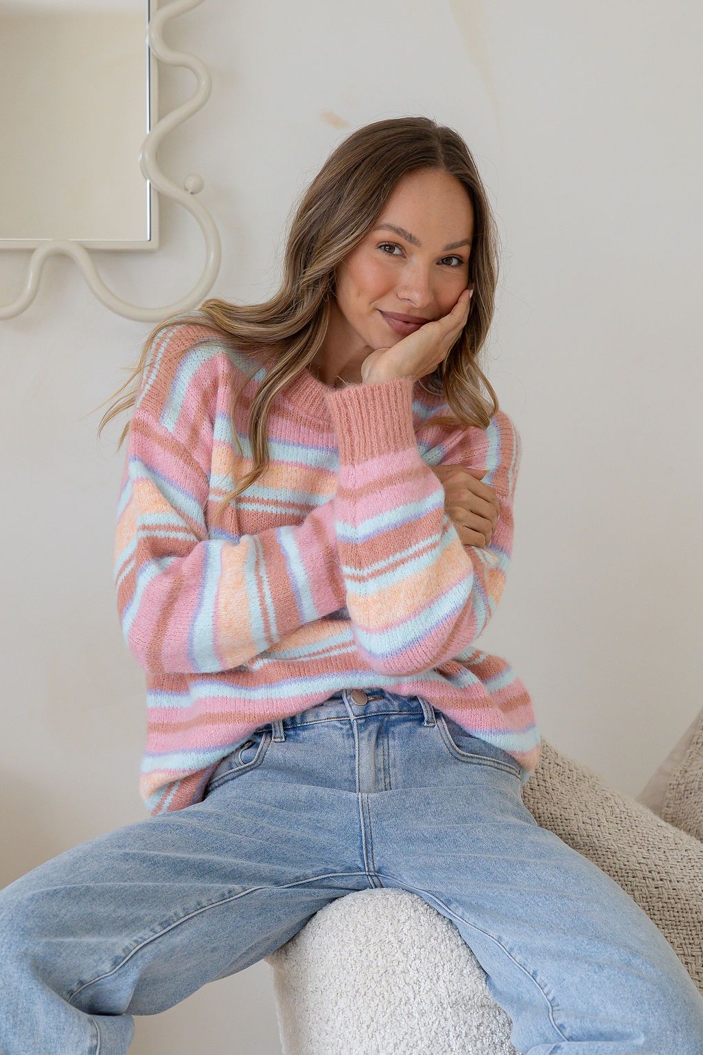 Miss Marlow June Sunset Fluffy Stripe Knit in Salmon/Pink/Tan, styled detail