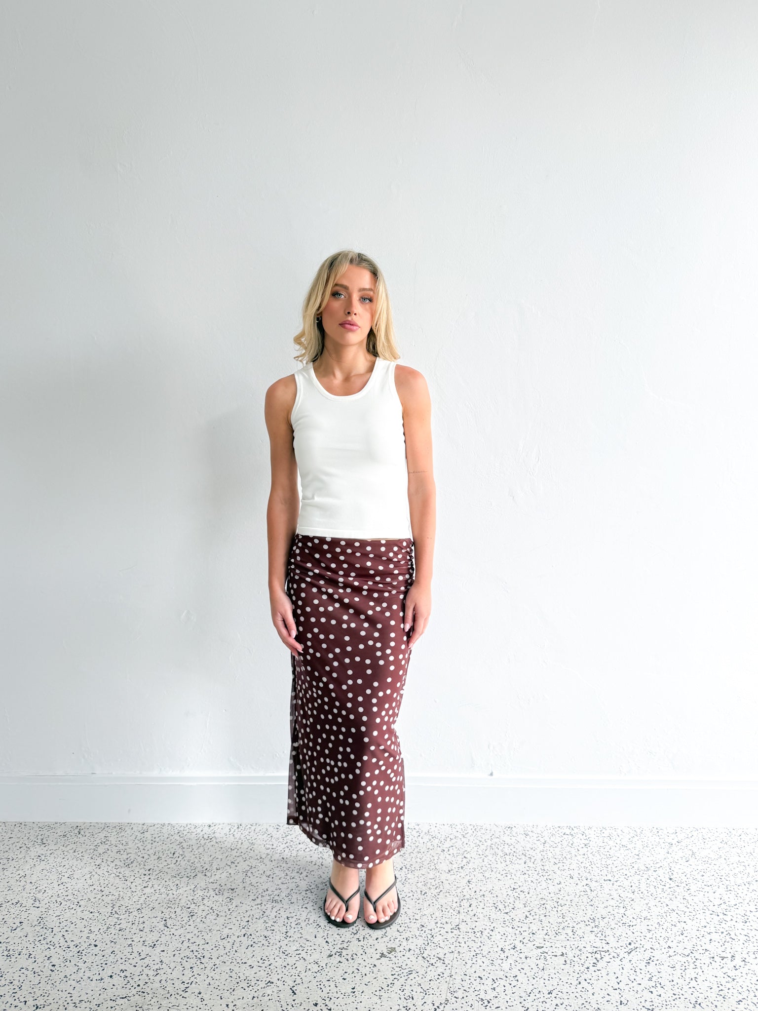 Polka Dot Mesh Skirt - Brown