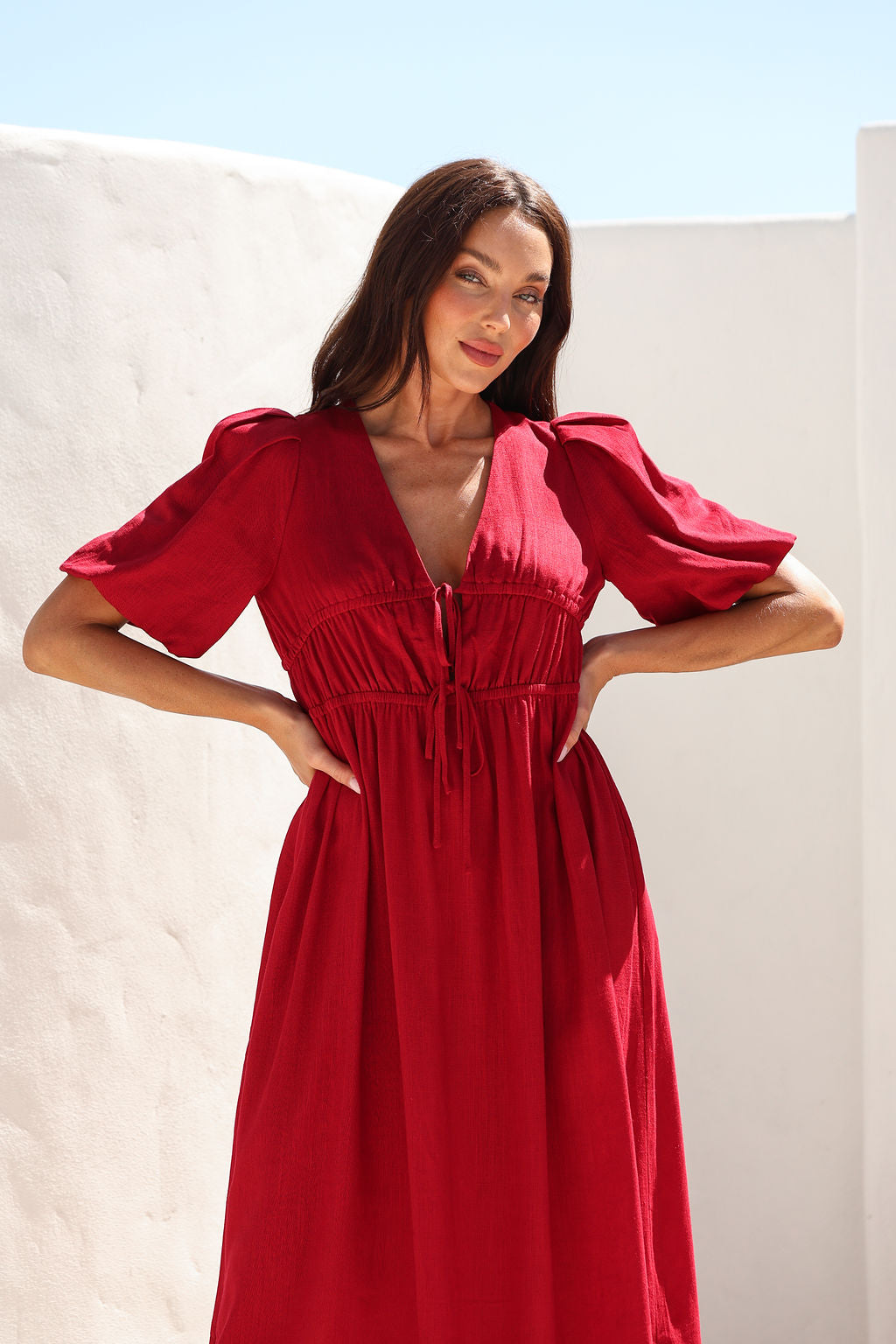 Billie Tie Midi Dress - Cherry Red