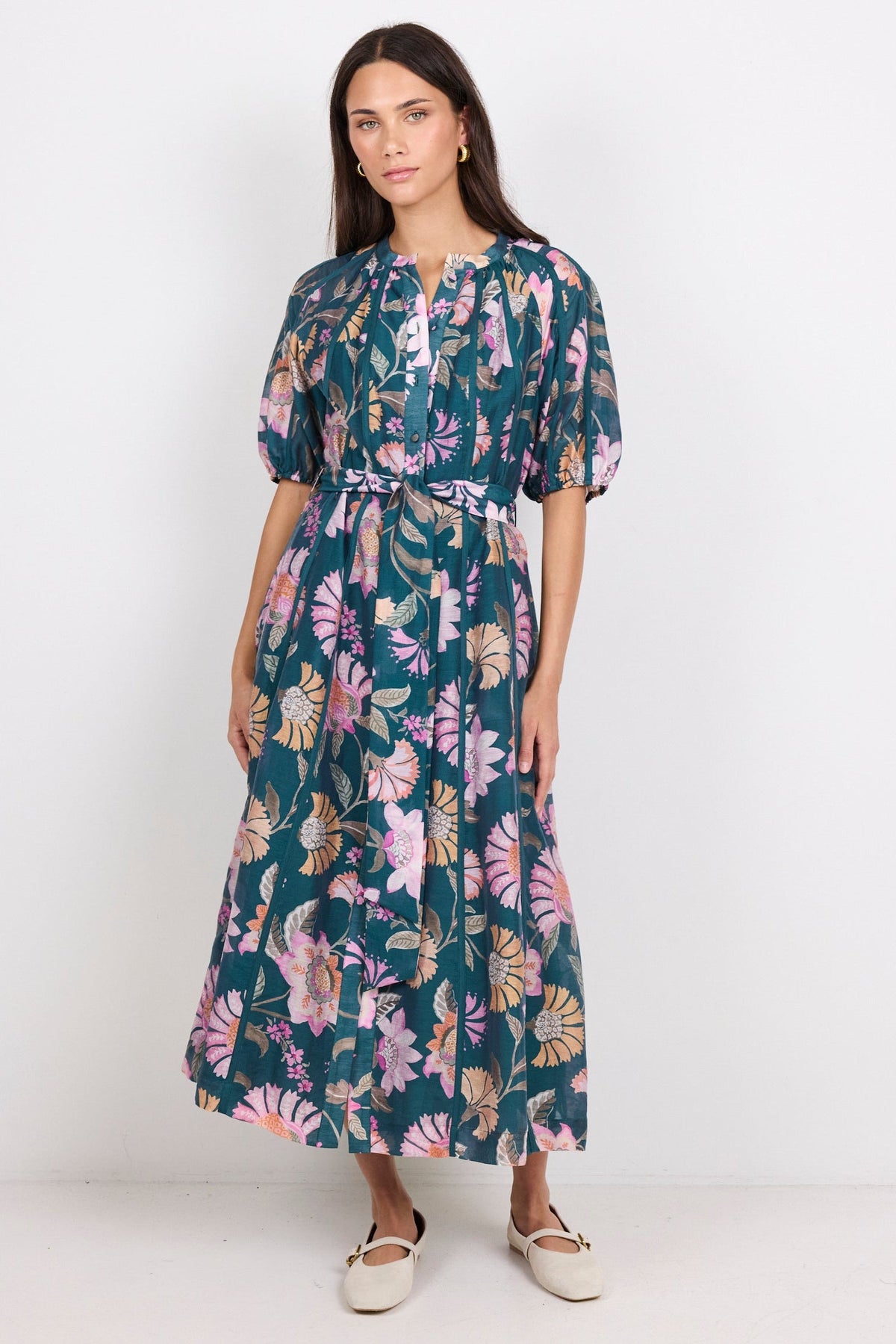 By Rosa Intuition Maxi Shirt Dress - Petrol Scarf Print, view 3