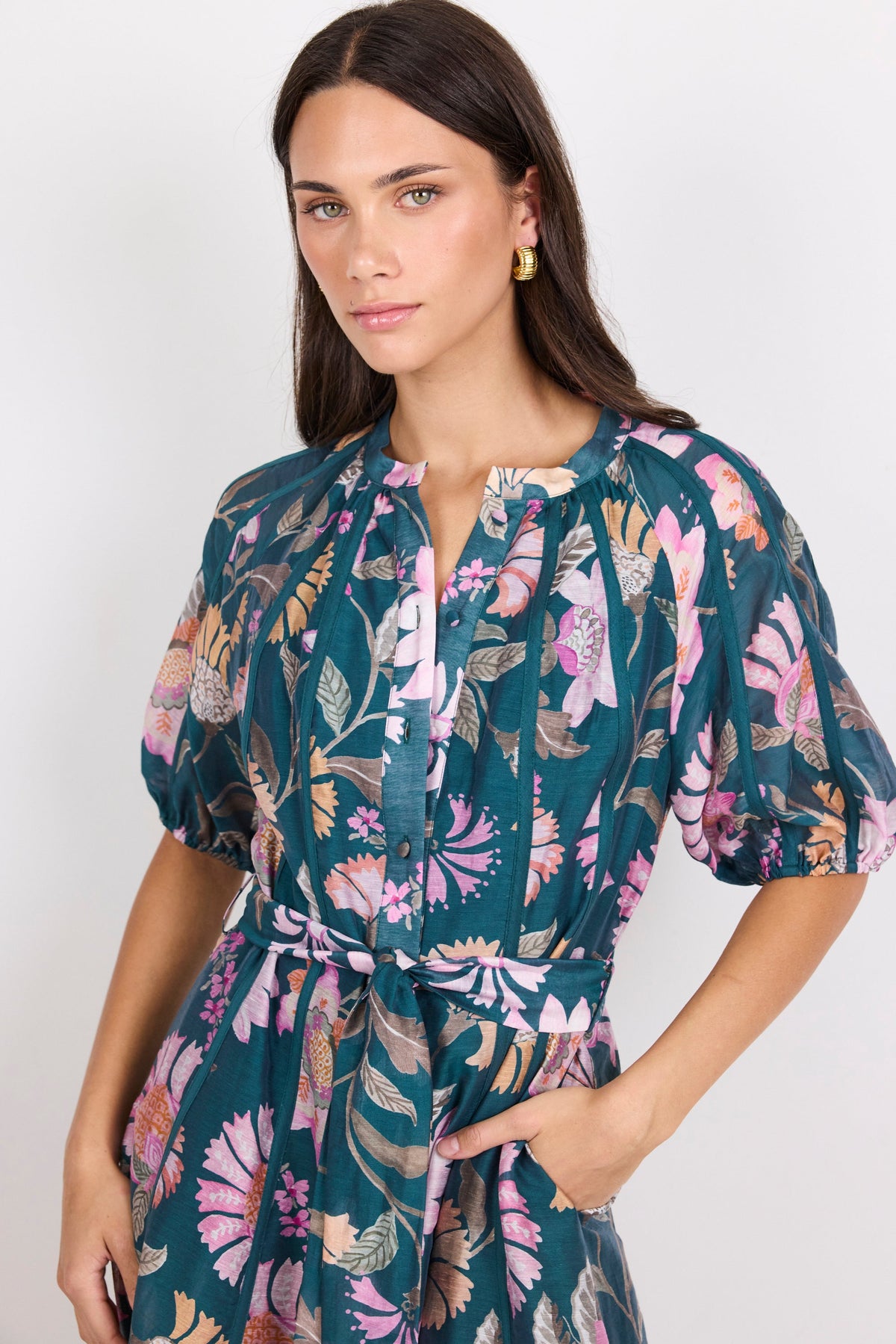 By Rosa Intuition Maxi Shirt Dress - Petrol Scarf Print, view 4
