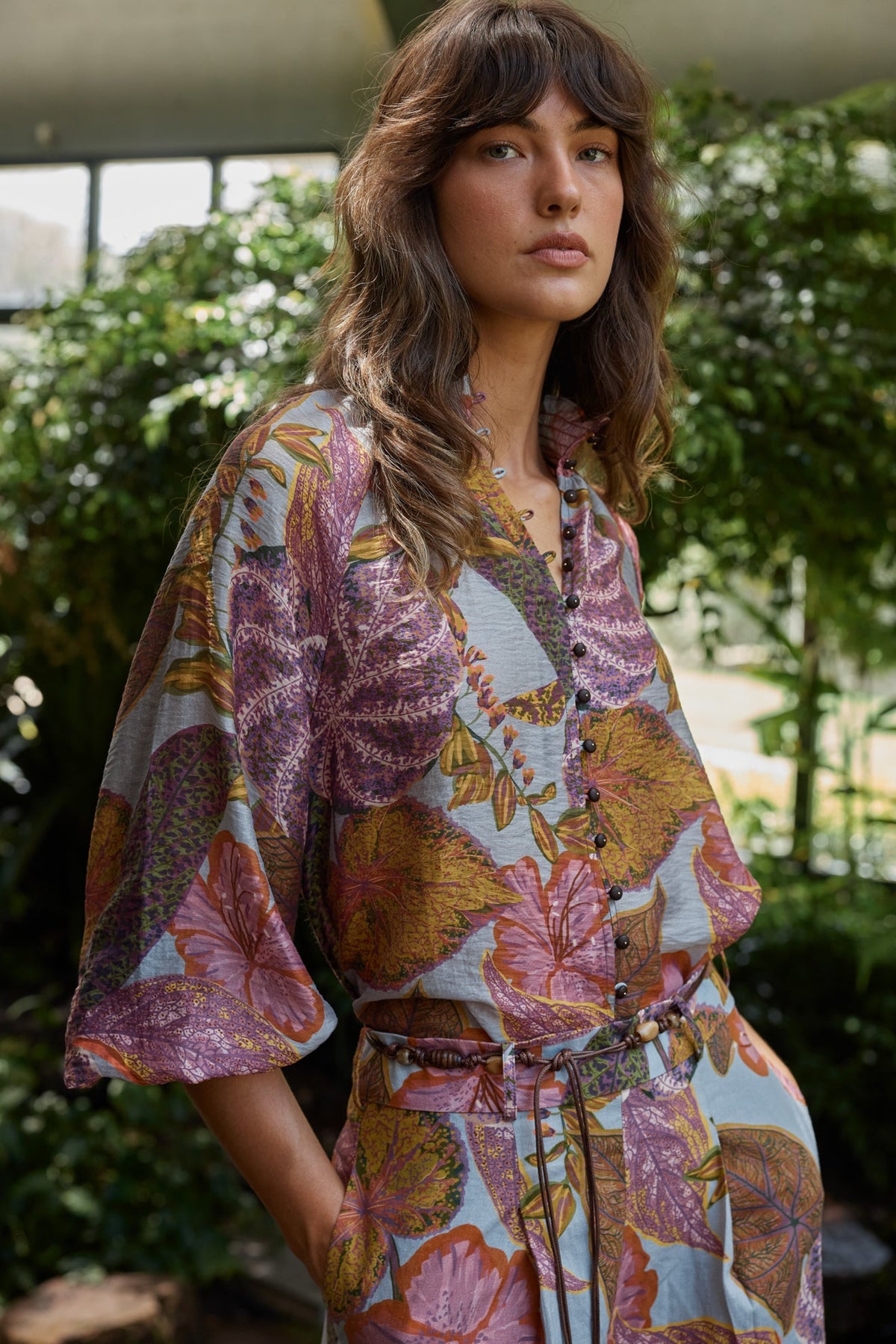 Fate & Becker Daria Shirred Blouse - Leaf Print, front view