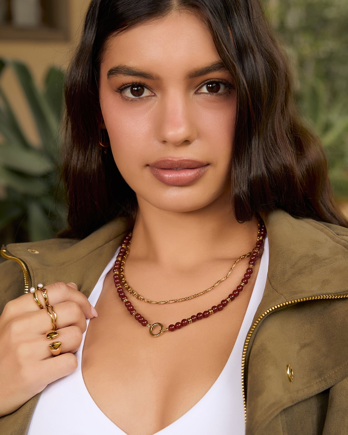 Tallulah Necklace - Red Agate, worn