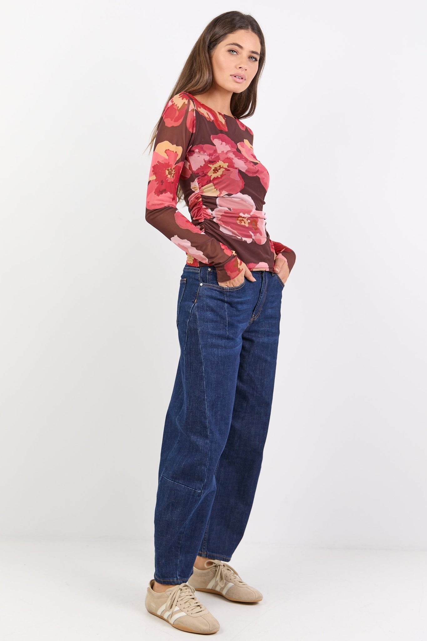 Magnitude Long Sleeve Mesh Top - Chocolate Red Floral