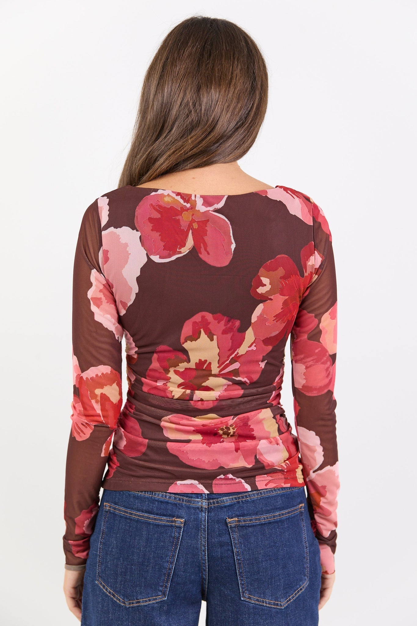 Magnitude Long Sleeve Mesh Top - Chocolate Red Floral