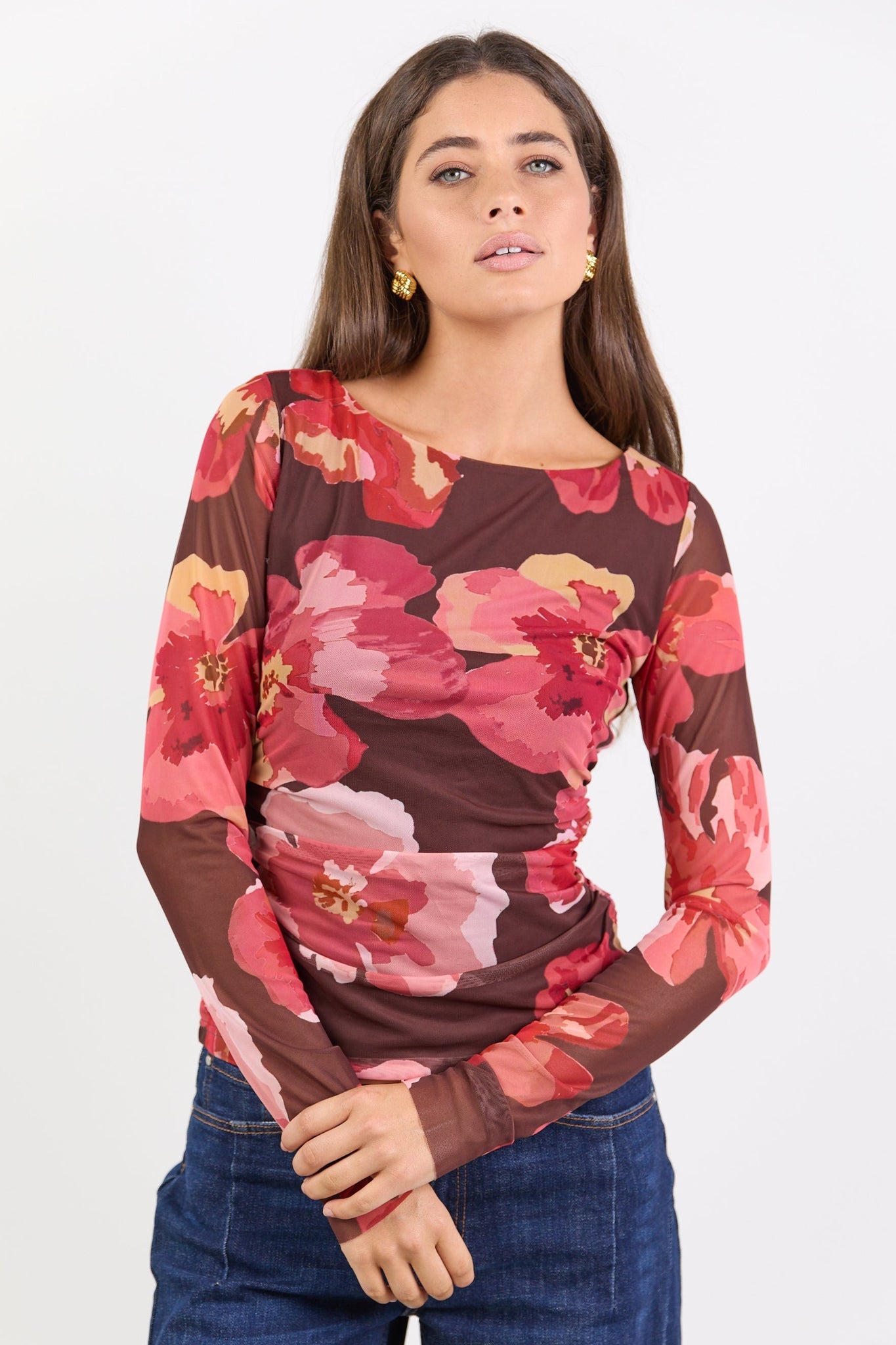 Magnitude Long Sleeve Mesh Top - Chocolate Red Floral