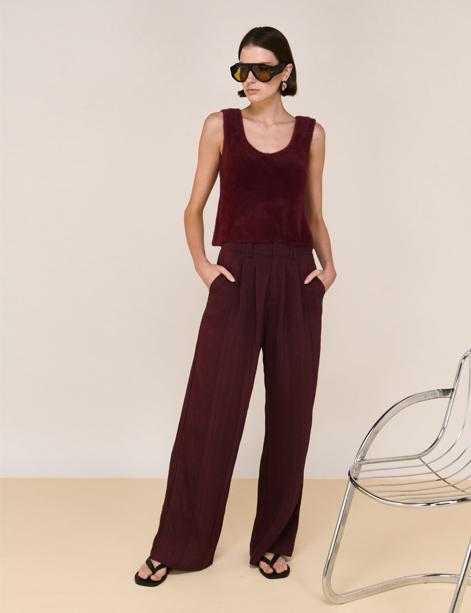 Deep Red Textured Wide-Leg Pant