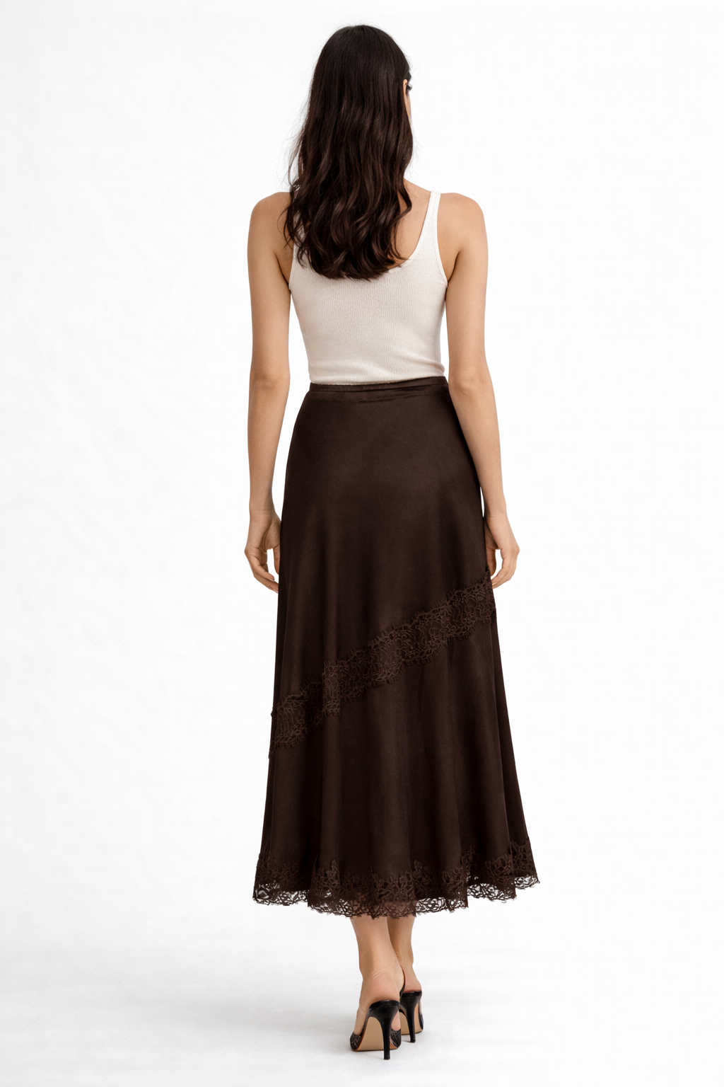 Miranda Satin Lace Details skirt - Chocolate
