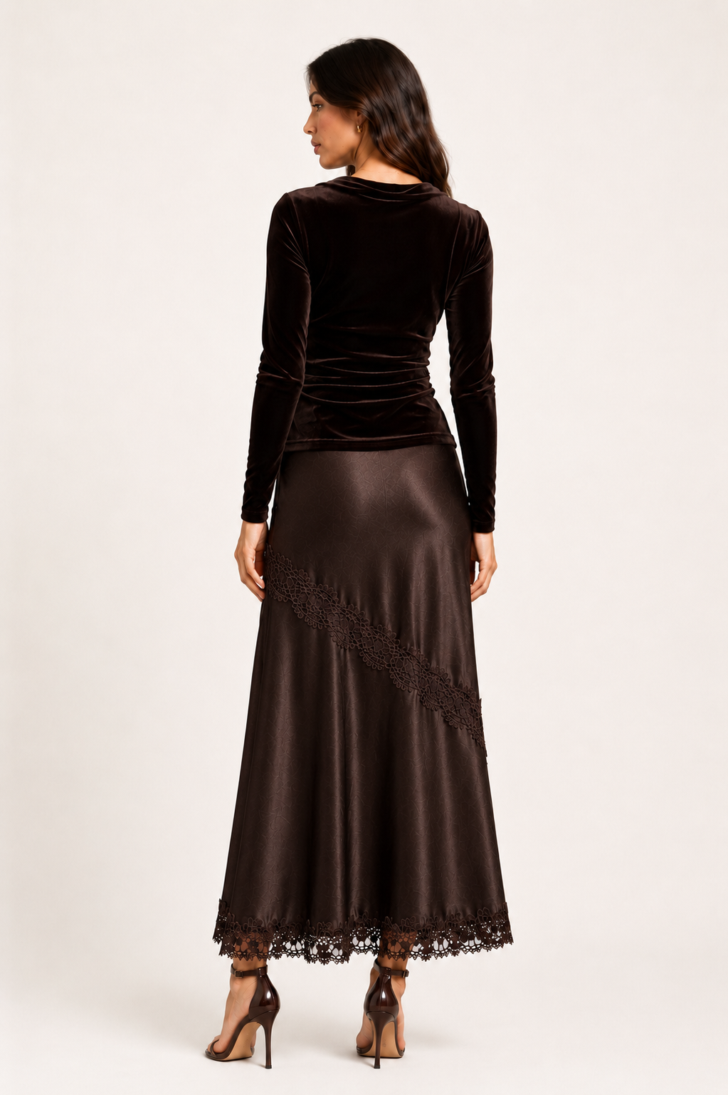 Miranda Satin Lace Details skirt - Chocolate