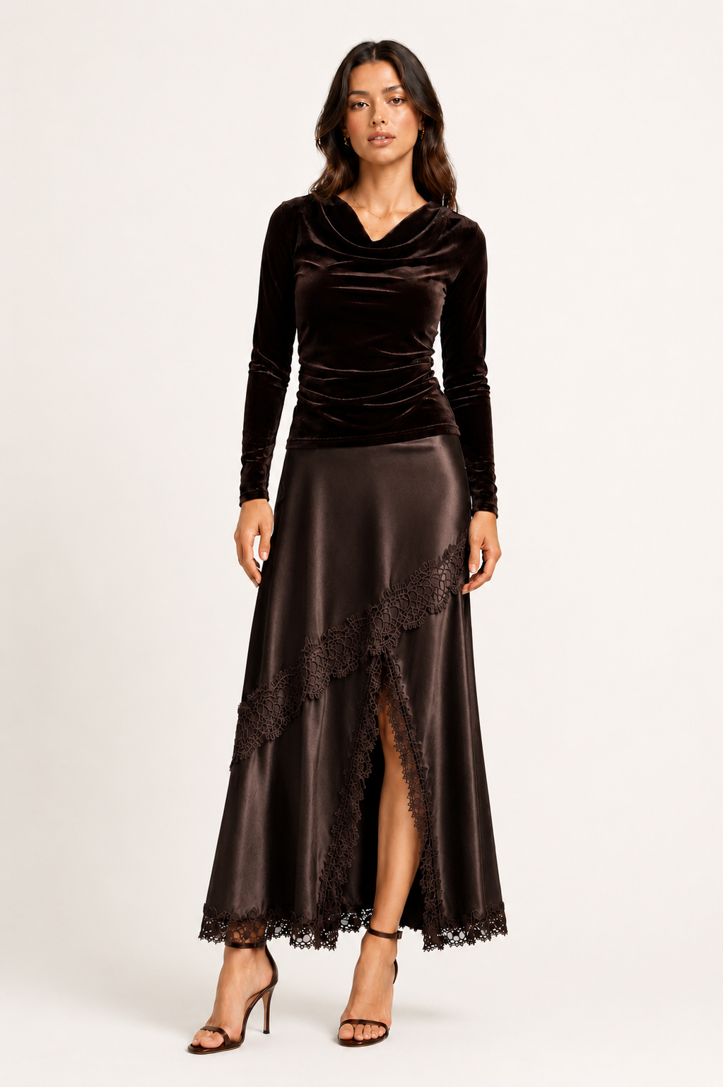 Miranda Satin Lace Details skirt - Chocolate
