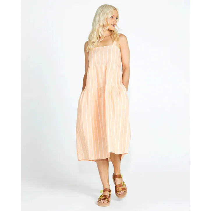 Lydia Shirred Back Midi Dress - Peach Stripe