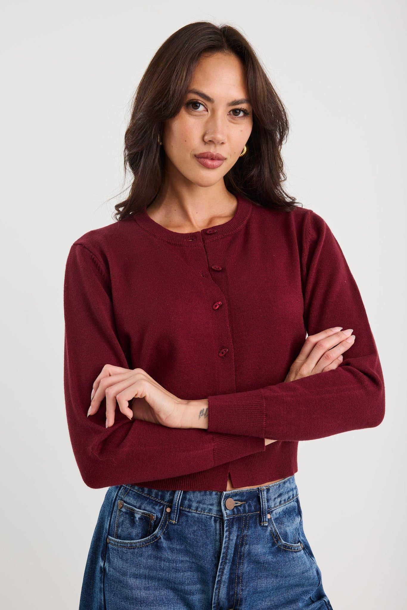 Sanctify Crewneck Cardigan - Burgundy
