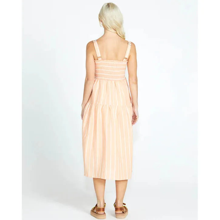 Lydia Shirred Back Midi Dress - Peach Stripe