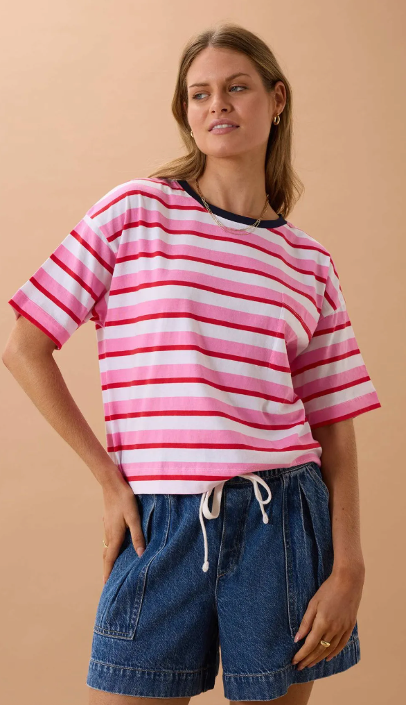 Boa Boxy Pocket Tee - Hibiscus/Heritage Red Stripe