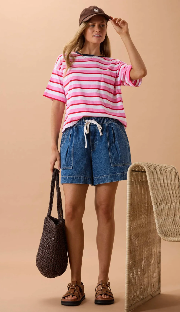 Boa Boxy Pocket Tee - Hibiscus/Heritage Red Stripe