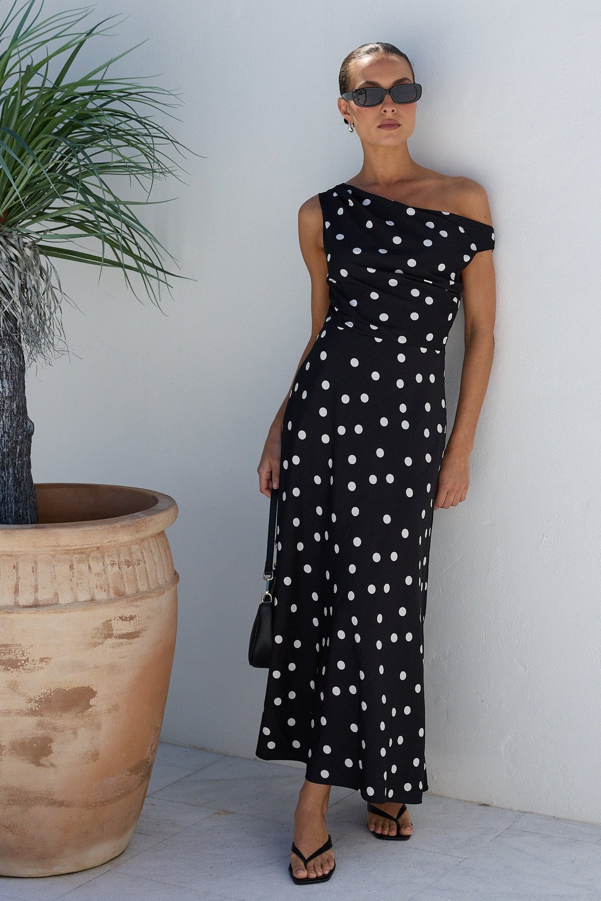 Stories to be Told Spotlight Black Polka Dot Off Shoulder Flare Midi Dress, styled