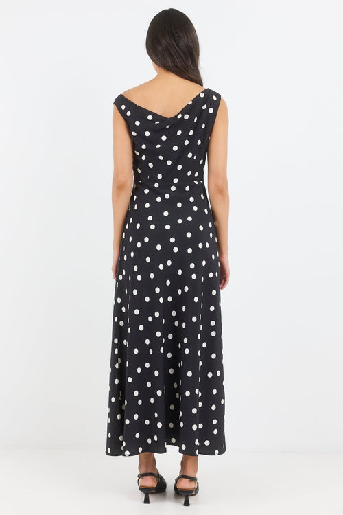 Stories to be Told Spotlight Black Polka Dot Off Shoulder Flare Midi Dress, detail