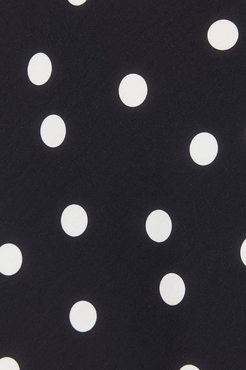 Stories to be Told Spotlight Black Polka Dot Off Shoulder Flare Midi Dress, close up