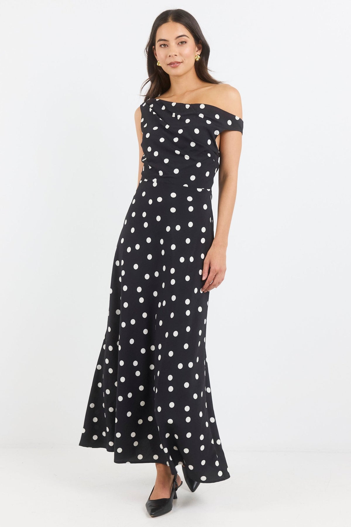 Stories to be Told Spotlight Black Polka Dot Off Shoulder Flare Midi Dress, detail